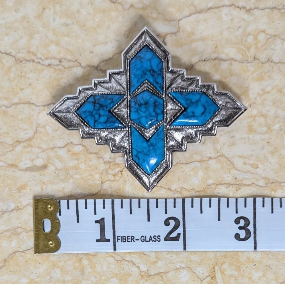 Vintage Sarah Coventry Southwestern Turquoise Silver Tone Inca Brooch Pin